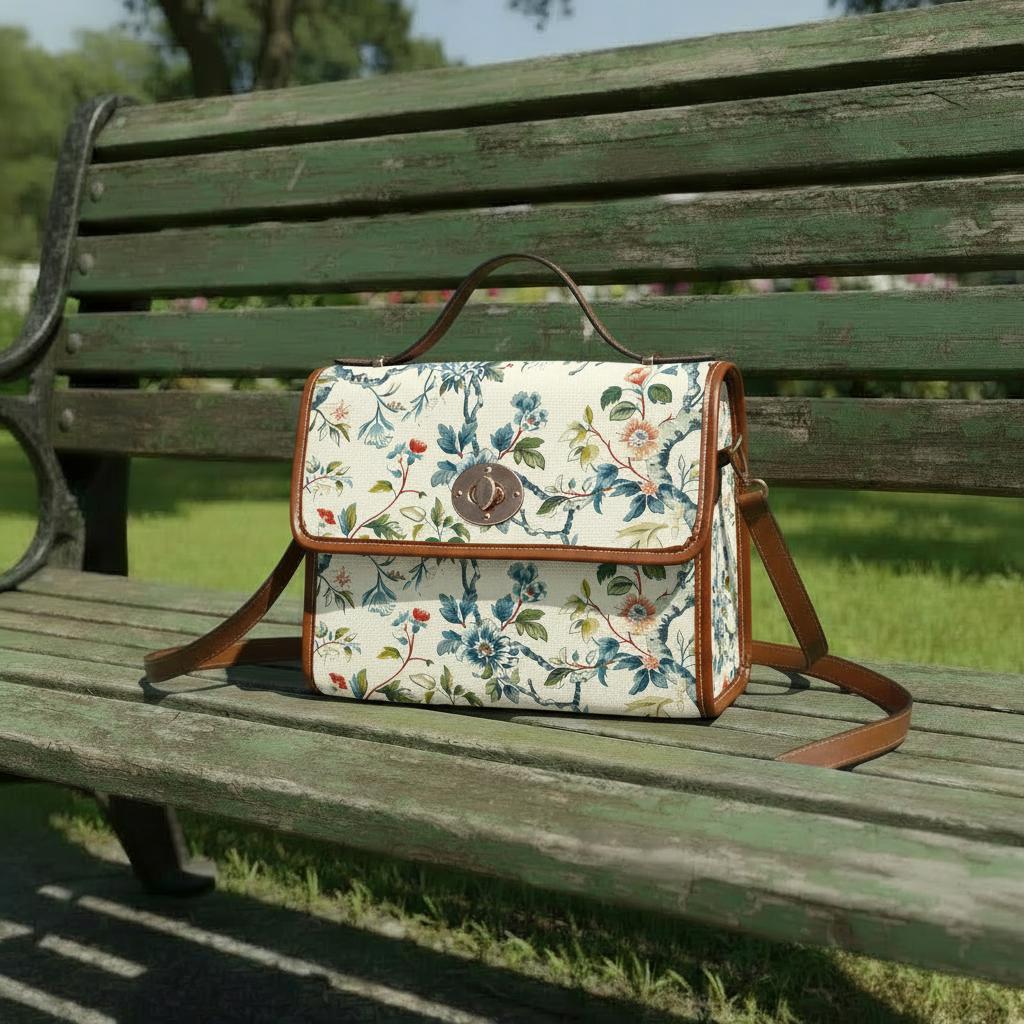 Toile de Jouy Canvas Crossbody Bag – Vintage Eggshell Green Floral Handbag