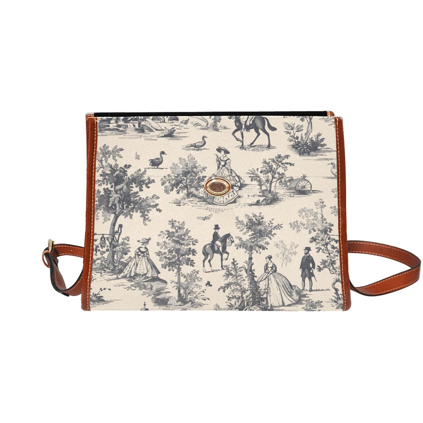 Toile de Jouy Canvas Crossbody Bag – Vintage Eggshell Black Handbag Waterproof