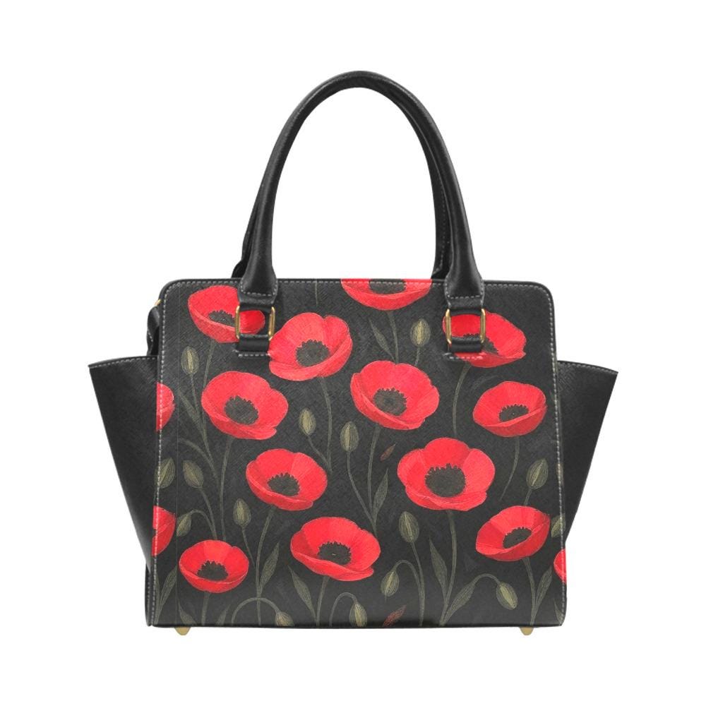 Black Red Poppy Floral Studded Shoulder Bag – Vintage Garden Rivet Handbag