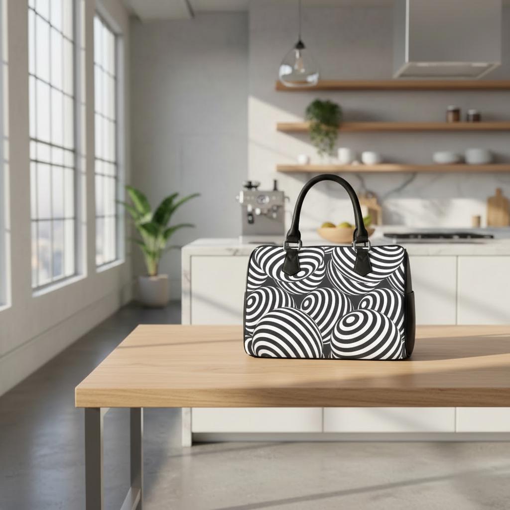 Retro 80s Op-Art Barrel Handbag – Black White Monochrome Everyday Purse