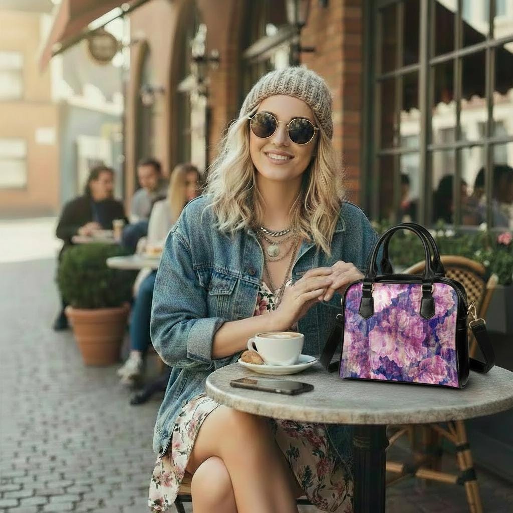 Bold Pink Purple Vintage Flowers Top Handle Shoulder Bag