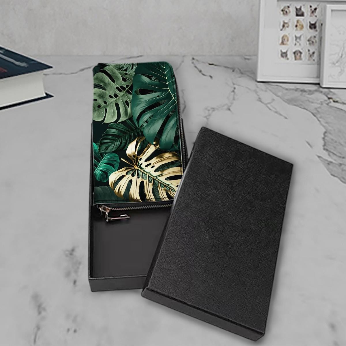 Retro Monstera Leaf Clutch Wallet – Gold Green Botanical Women’s Purse