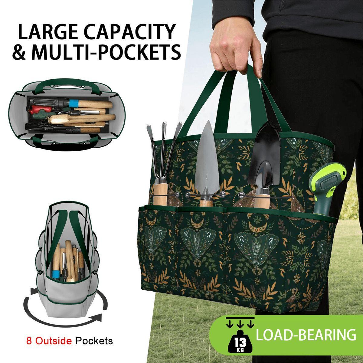 Dark Green Folkloric Garden Tote – Gardening Tool Organizer Bag With Pockets