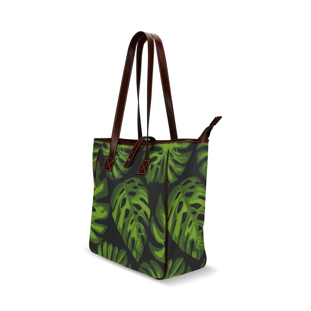 70s Retro Monstera Leaf Tote Bag – Large Dark Academia Zip Handbag