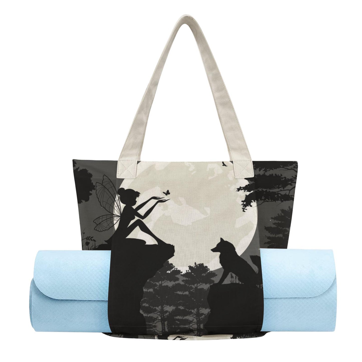 Fairy Forest Wolf Yoga Tote Bag with Mat Holder – Black White Silhouette Fairycore