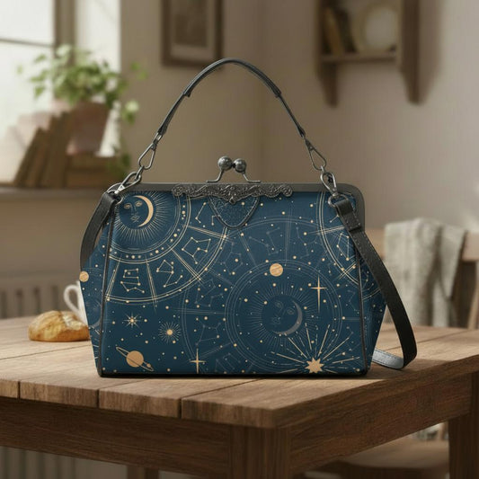 Mond Sterne Hexen-Astrologie Kisslock Umhängetasche – Skurrile Cottagecore Handtasche