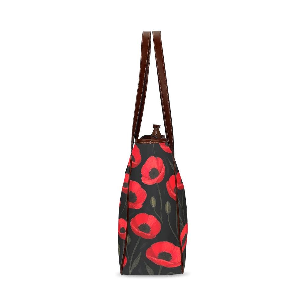 Bolso tote grande negro y rojo con amapolas – bolso de estilo floral dark academia