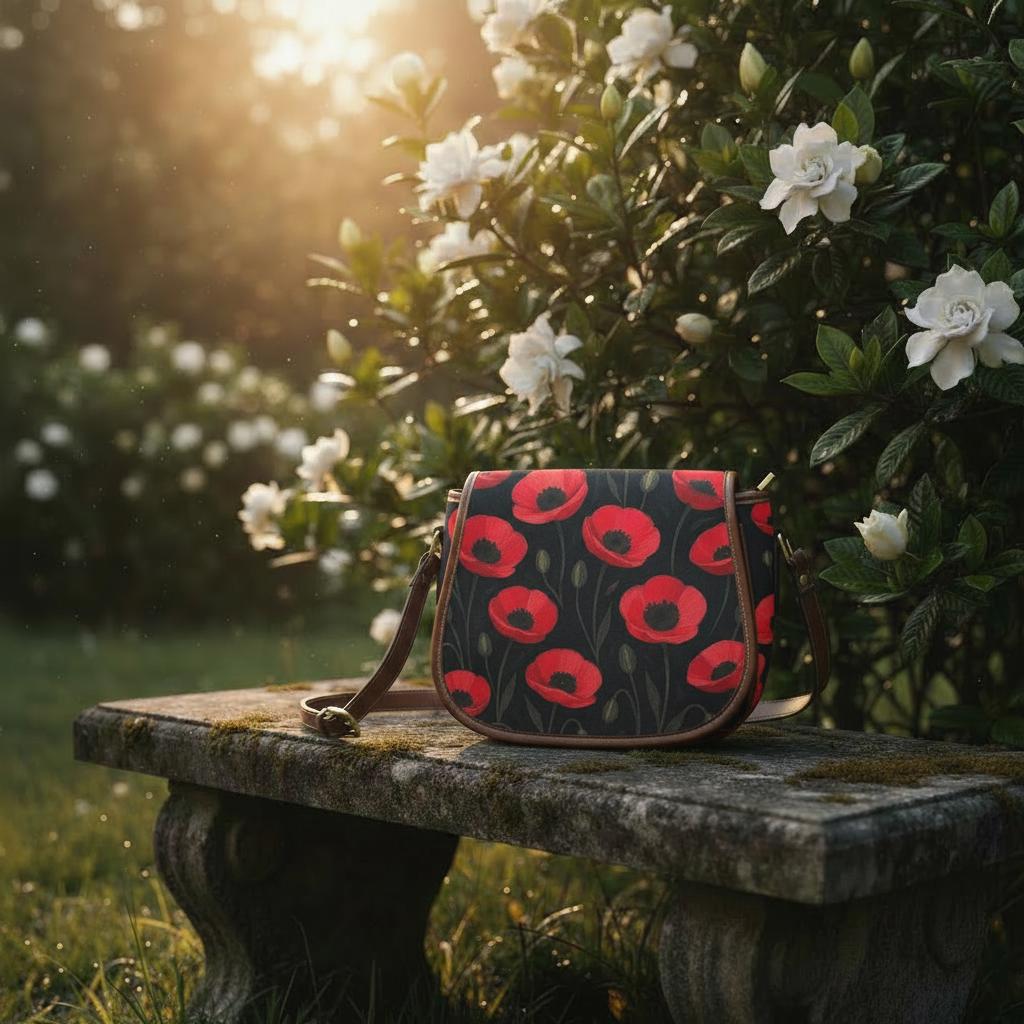 Black Red Poppies Shoulder Saddle Handbag, Romantic Gothic Dark Academia Crossbody