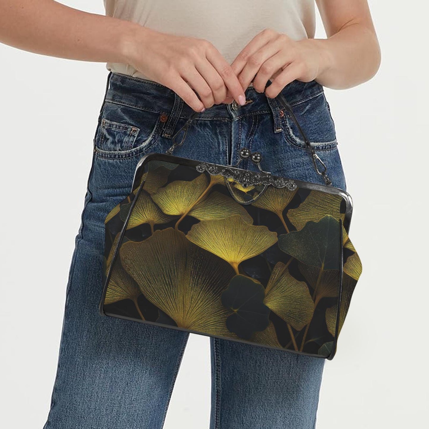 Black Gold Ginkgo Leaves Kisslock Handbag - Botanical Crossbody Shoulder Bag