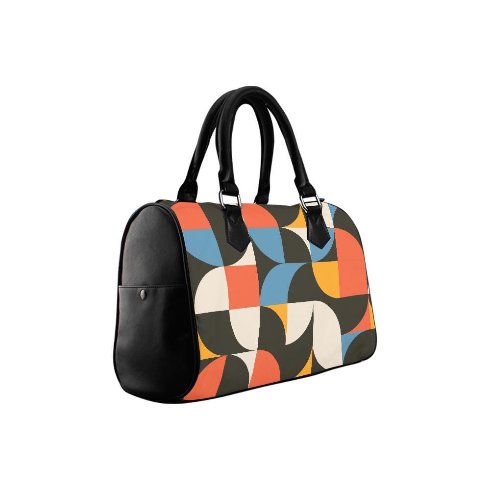 Retro 60s Geometric Print Barrel Handbag – Midcentury Mod Everyday Purse
