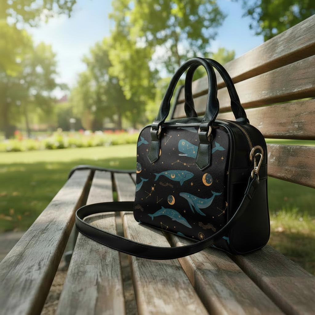 Whimsical Whale Moon Shoulder Handbag – Black Blue Fairycore Vegan Top Handle Bag