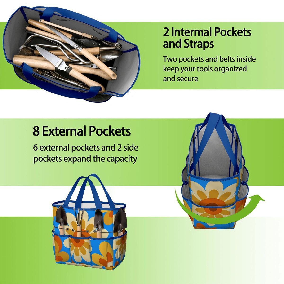 Retro 70s Gardening Tool Organizer Bag – Bold Blue Orange Flower Power Tote