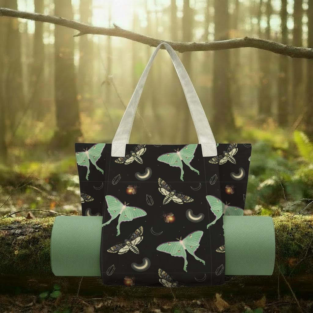 Dark Academia Moths & Moon Yoga Tote Bag – Large Cotton Linen Tote with Mat Holder