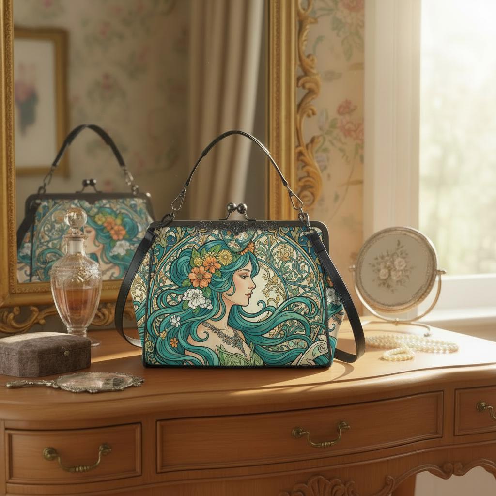 Art Nouveau Style Kisslock Crossbody Handbag - Vintage Romantic Bag