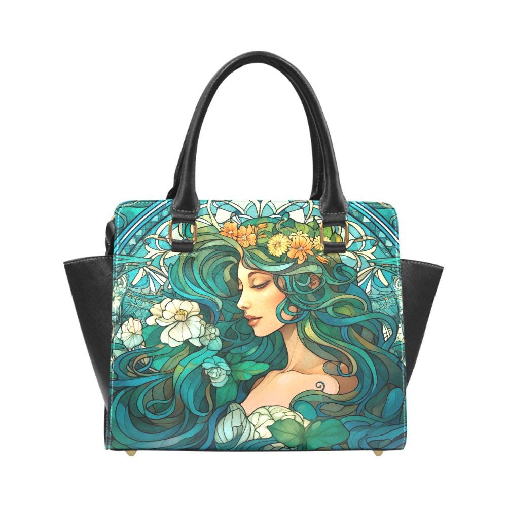 Blue Green Art Nouveau Girl Shoulder Handbag – Vintage Romantic Art Print Purse