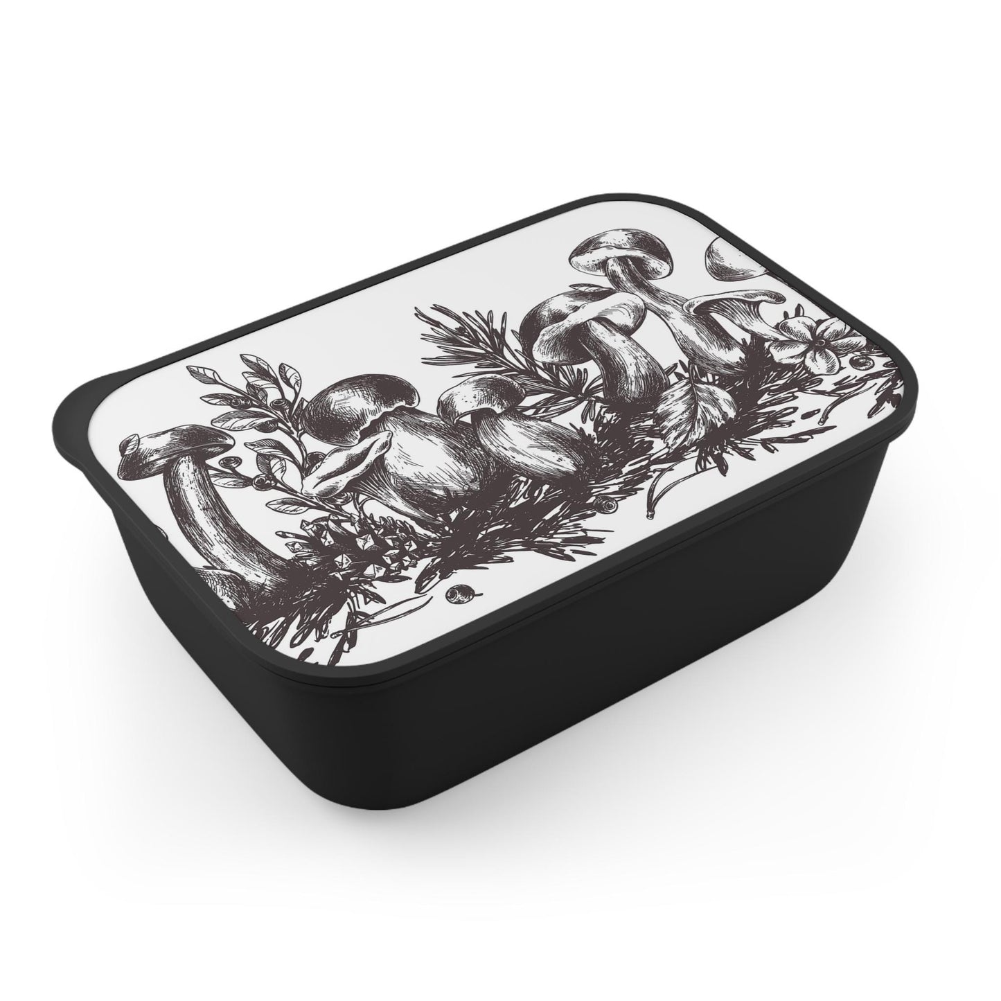 Black White Mushroom Bento Box: Botanical Vegan Lunch Kit with Cutlery