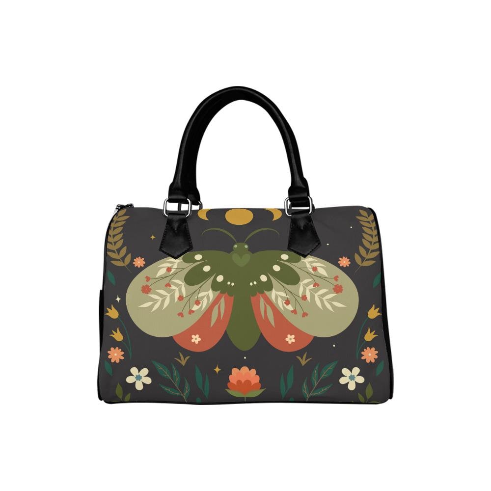 Dark Academia Moth Barrel Handbag – Black Green Orange Everyda Bag