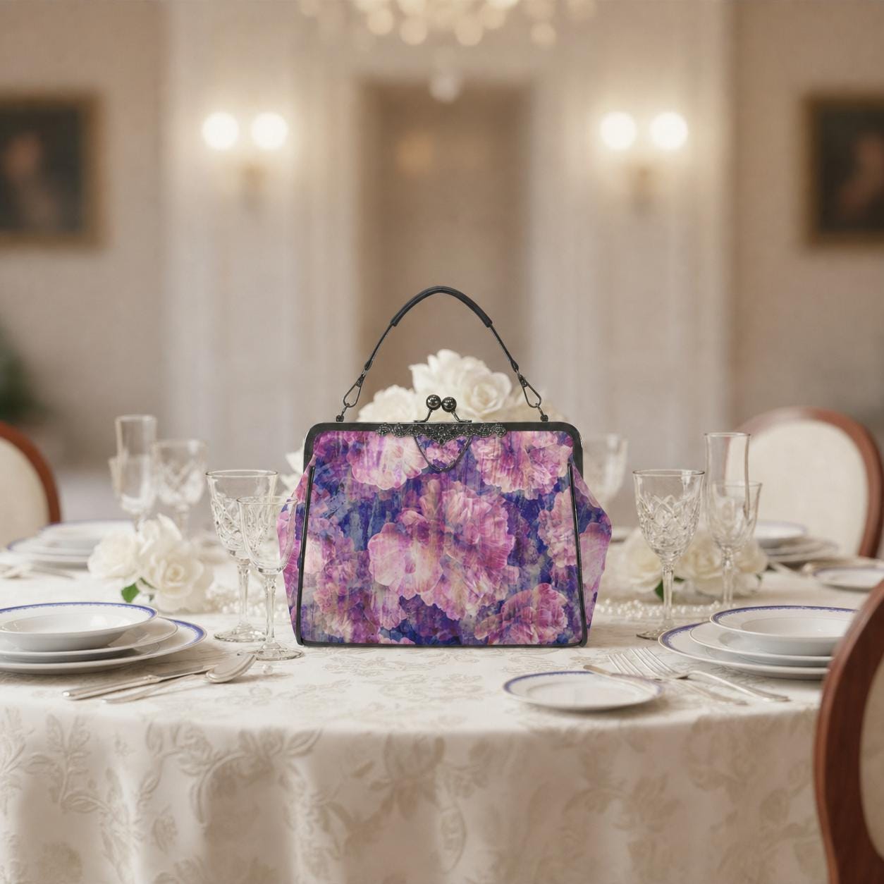 Purple Pink Flowers Kisslock Handbag - Faded Vintage Floral Crossbody Shoulder Bag