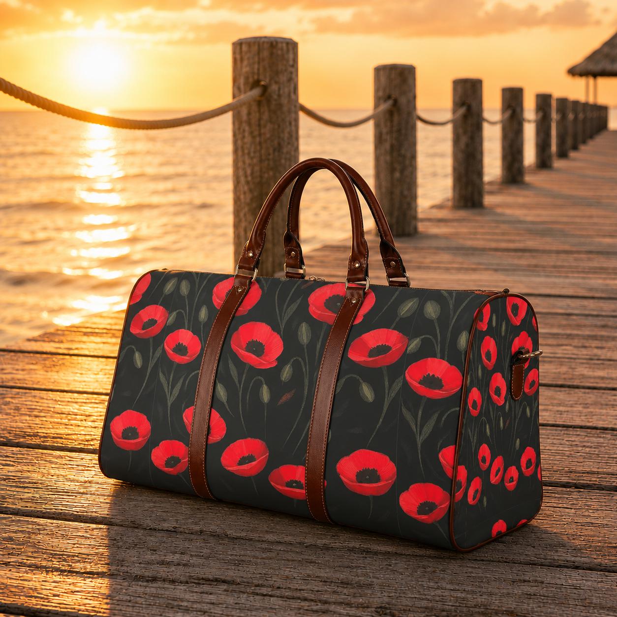 Black Red Poppy Flowers Weekend Travel Duffel Bag – Moody Floral Carry-On Luggage