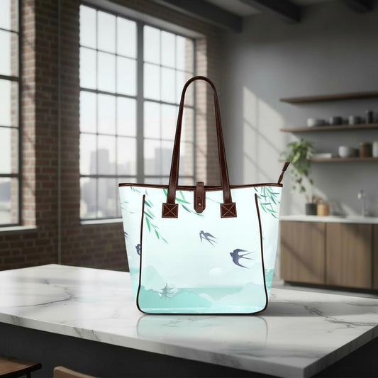 Blue Delicate Watercolor Swallow Tote Bag – Large Asian Style Handbag