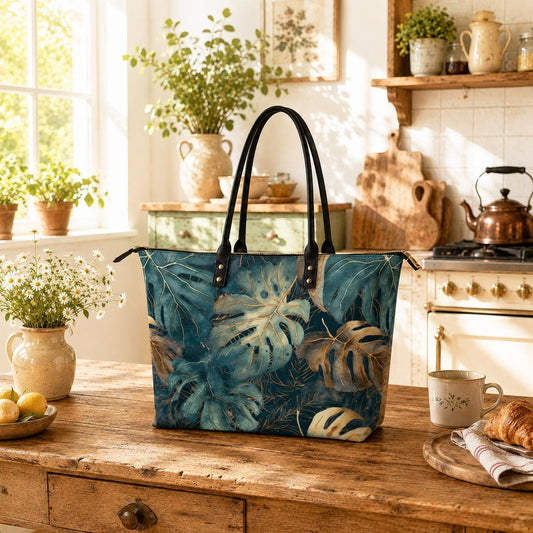 Roomy Tote Bag with Retro Monstera Leaves - Large Shoulder Handbag Shopper
