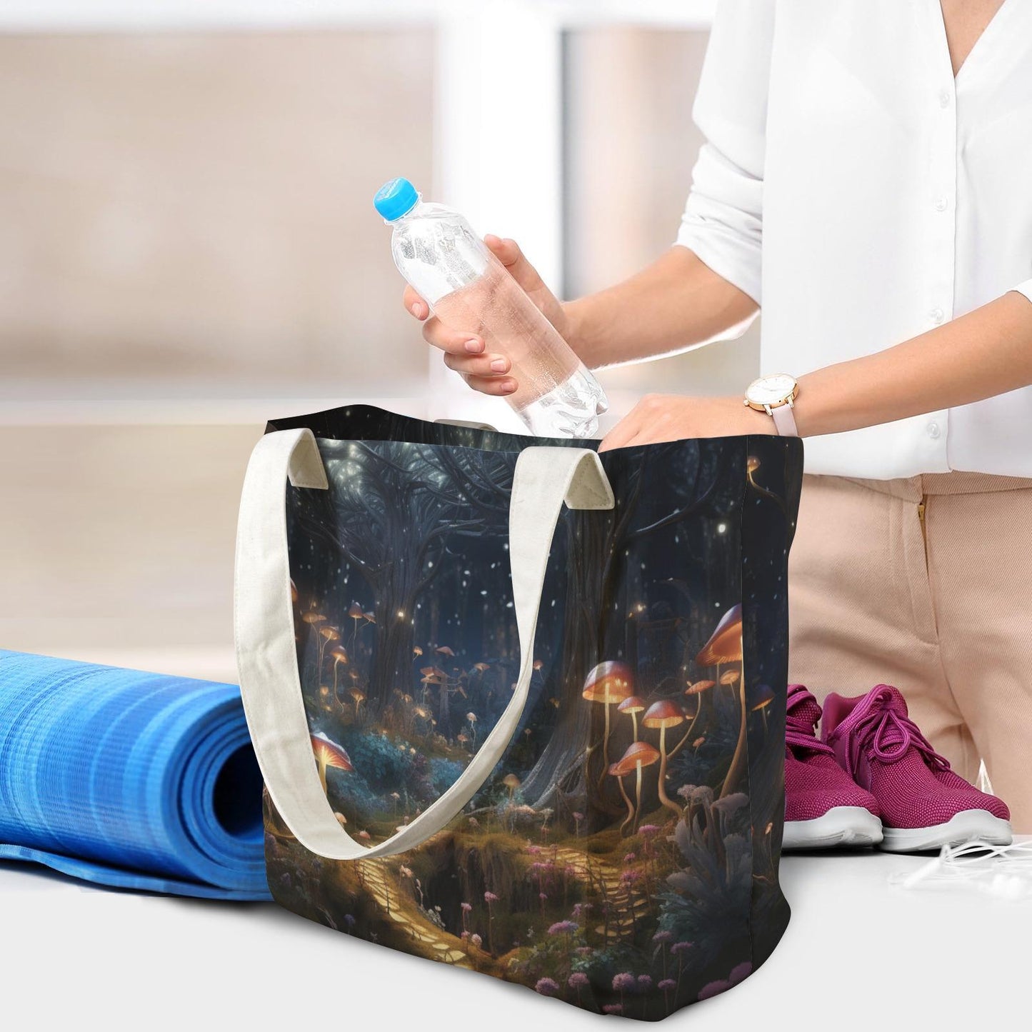Enchanted Forest Yoga Tote Bag with Mat Holder – Large Mushroom Cotton Linen Tote
