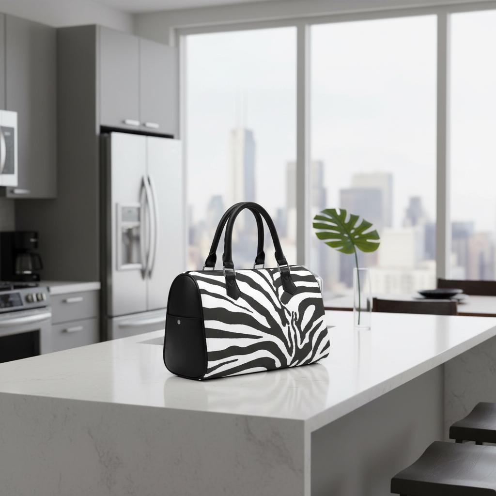 Zebra Print Barrel Handbag – Black White Everyday Purse