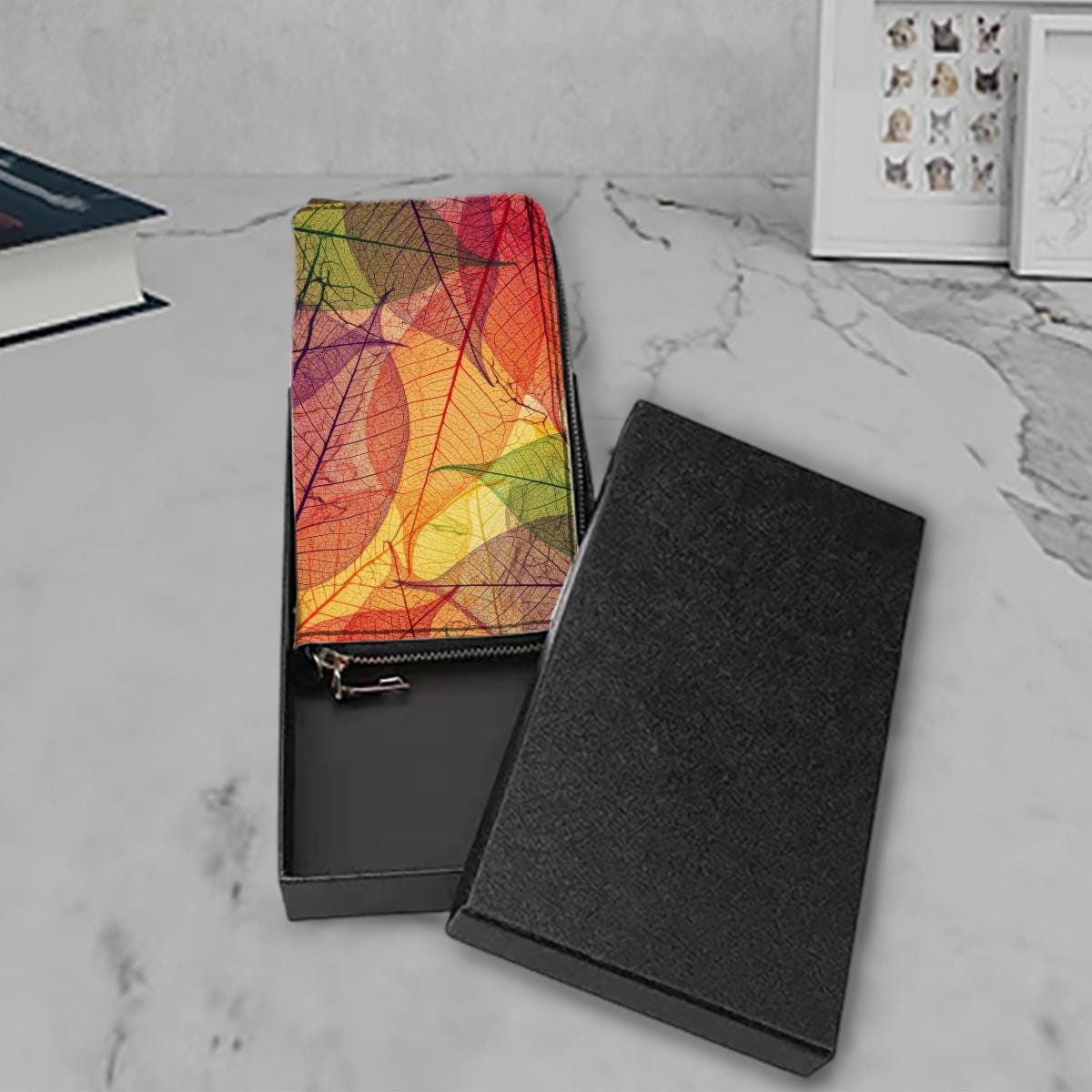 Translucent Leaf Veins Clutch Wallet – Orange Green Vegan Botanical Purse