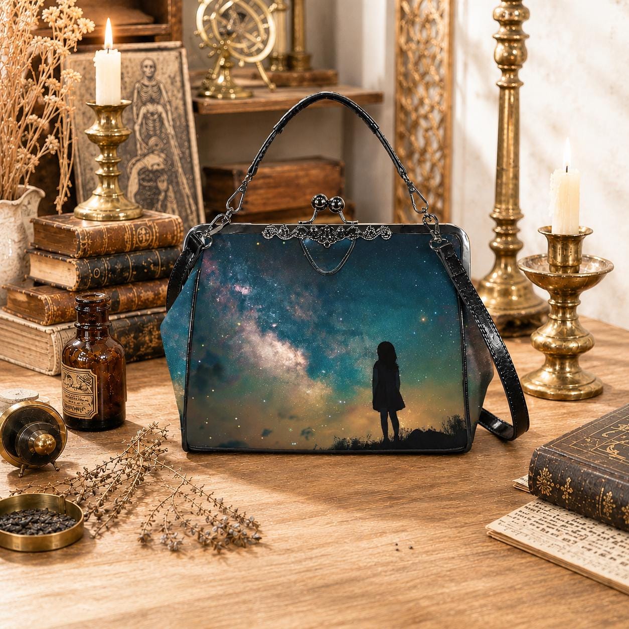 Solitude Girl Vintage Kisslock Crossbody Bag –  Dark Academia Handbag with Adjustable Strap