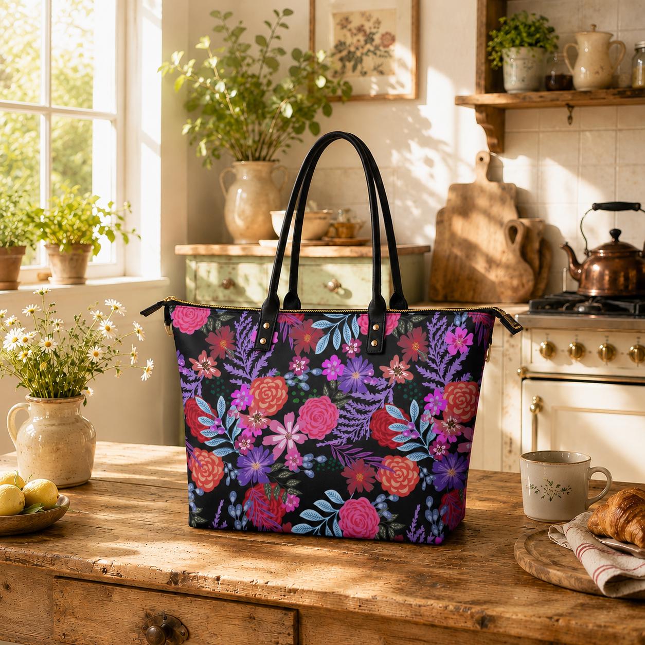 Bold Floral Roomy Tote Bag - Large Shoulder Handbag Black Pink Purple Shopper