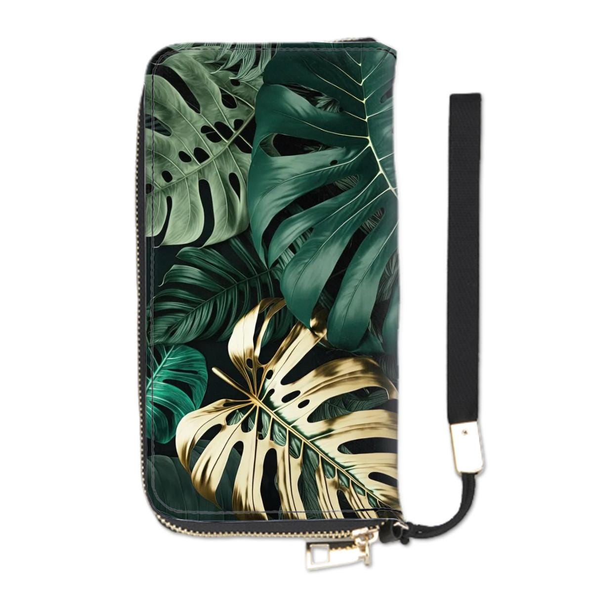 Retro Monstera Leaf Clutch Wallet – Gold Green Botanical Women’s Purse