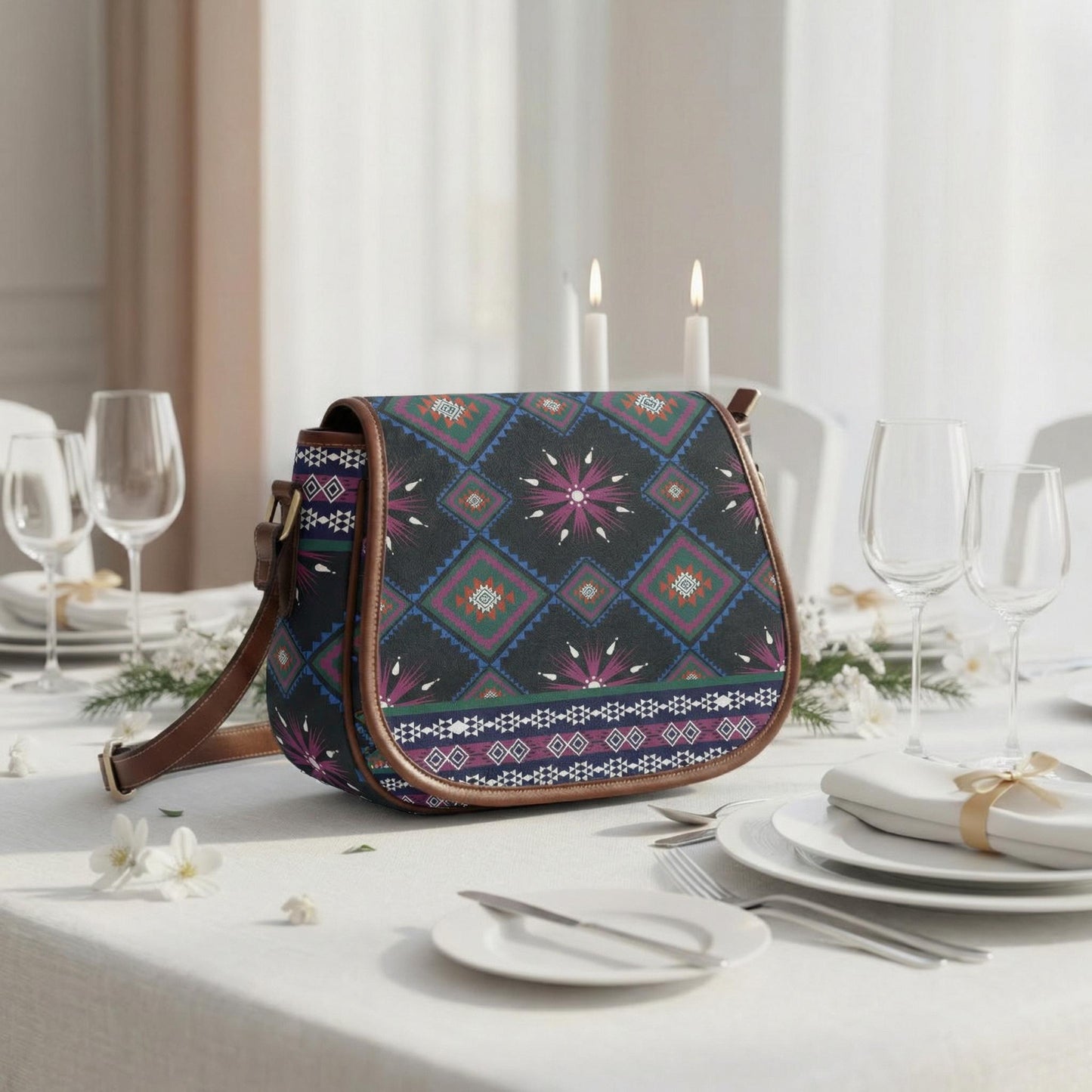 Boho Tribal Ikat Saddle Handbag – Dark Ethnic Modern Heritage Bag