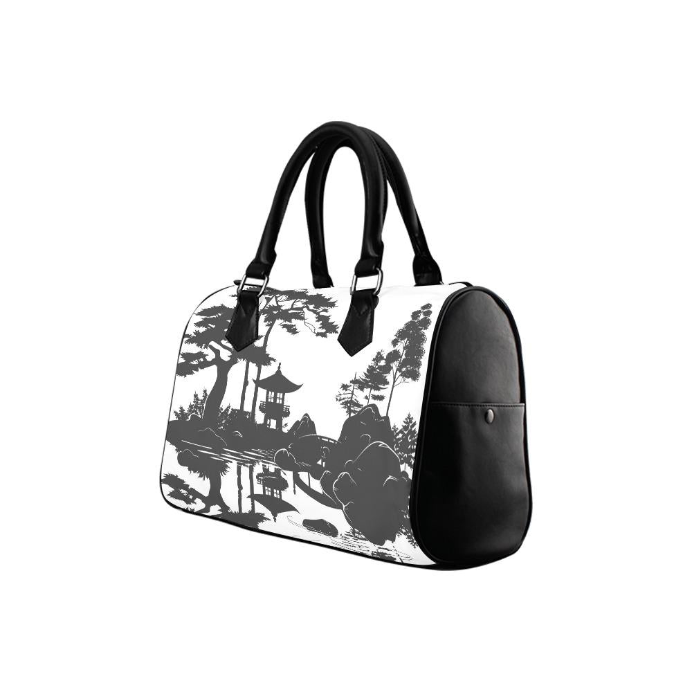 Asian Ink Pagoda Barrel Handbag – Black White Zen Art Wabisabi Purse