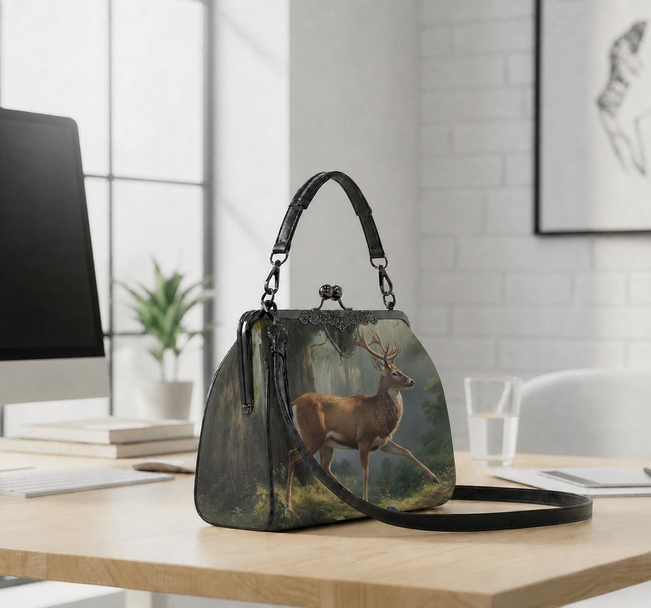 Majestic Deer Forest Dark Academia Handbag - Fairycore Kisslock Crossbody Shoulder Bag