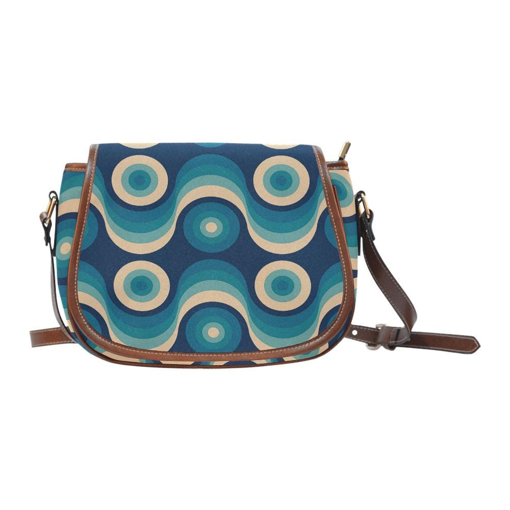 Retro 70s Wave Pattern Saddle Bag - Midcentury Style Crossbody Handbag