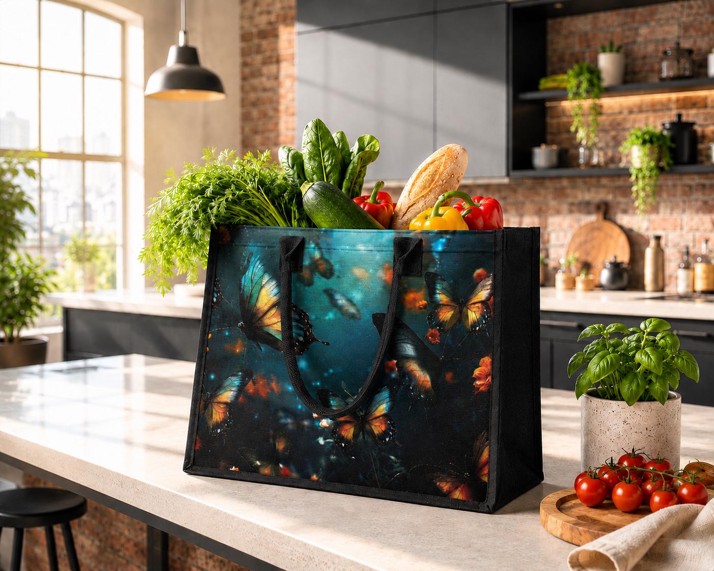 Fairycore Butterflies XL Tote Bag – Blue Black Dark Academia Market Shopper