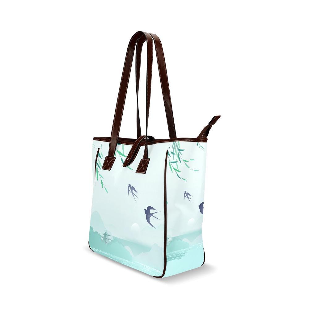 Blue Delicate Watercolor Swallow Tote Bag – Large Asian Style Handbag