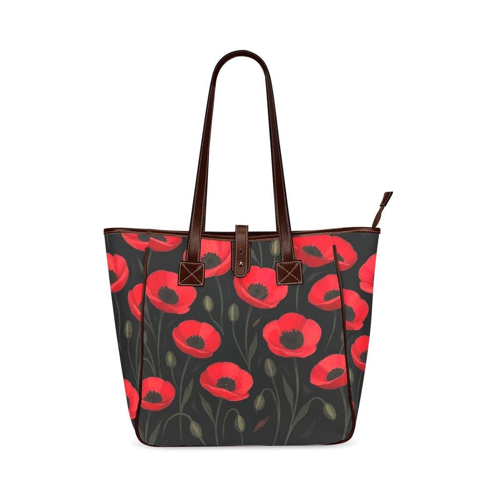 Bolso tote grande negro y rojo con amapolas – bolso de estilo floral dark academia