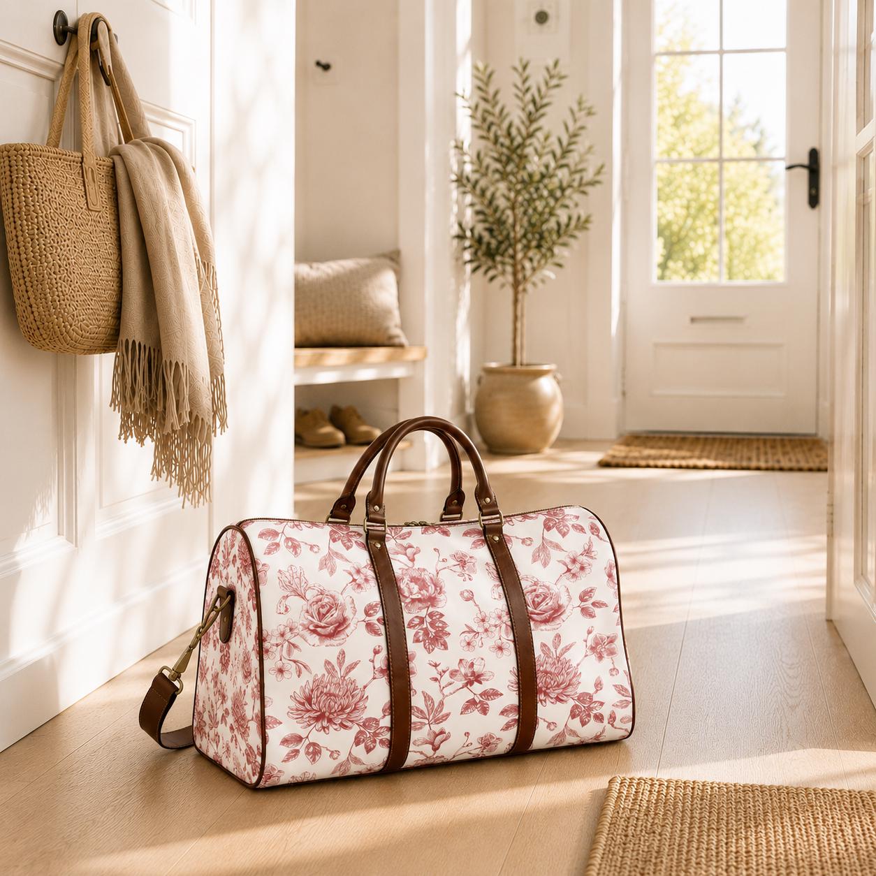 Toile de Jouy White Red Floral Weekend Travel Bag – French Vintage Carry-On Luggage