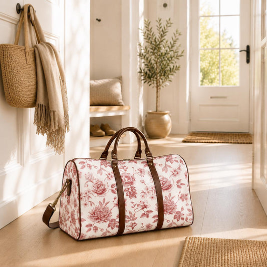 Toile de Jouy White Red Floral Weekend Travel Bag – French Vintage Carry-On Luggage