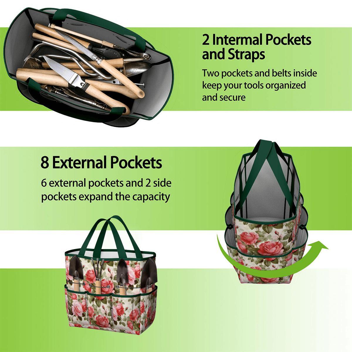 English Roses Garden Tote – Pink Green Gardening Tool Organizer Bag With Pockets