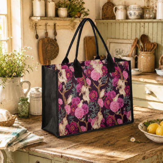Dark Academia Pink Birds + Skulls Shopping Tote Bag – Gothic Forest Market Bag