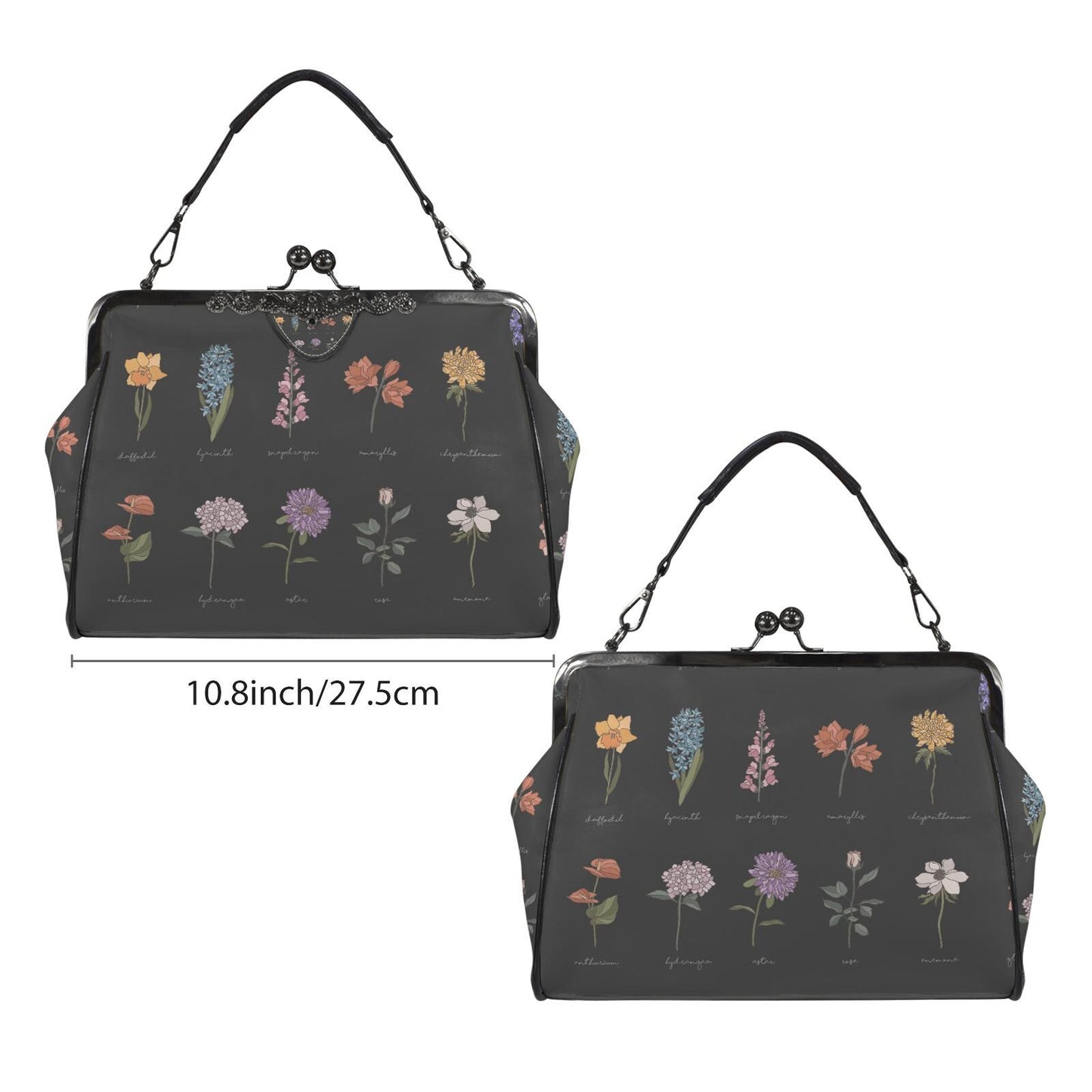 Black Floral Victorian Kisslock Crossbody Handbag - Dark Academia Gothic Bag