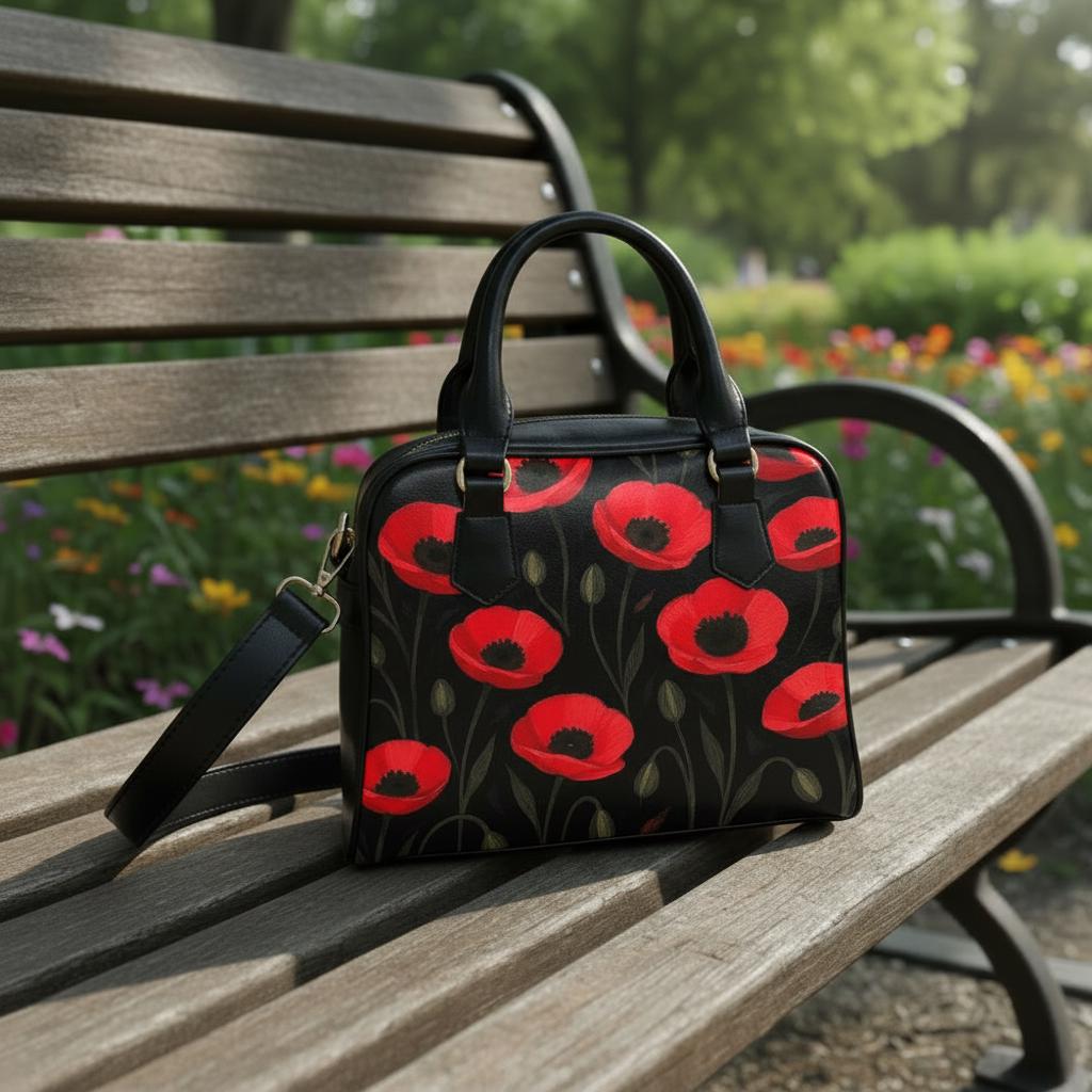 Red Black Poppy Field Shoulder Handbag – Bold Floral Crossbody Bag with Handles