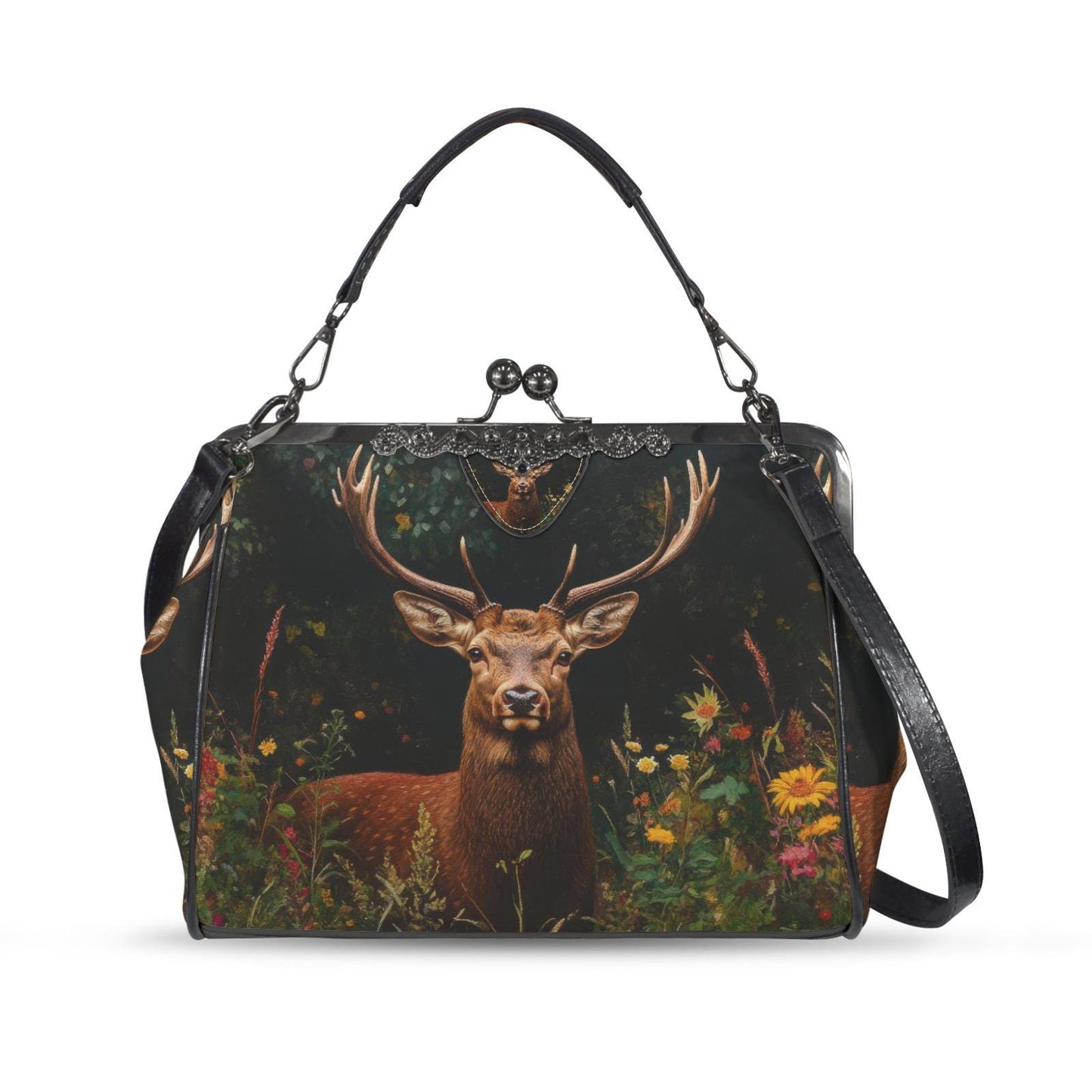 Deer Forest Kisslock Crossbody Shoulder Bag - Dark Academia Nature Lover Handbag