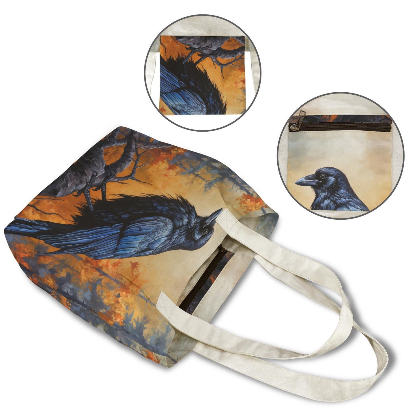 Black Raven Yoga Tote Bag with Mat Holder – Dark Academia Cotton Linen Tote