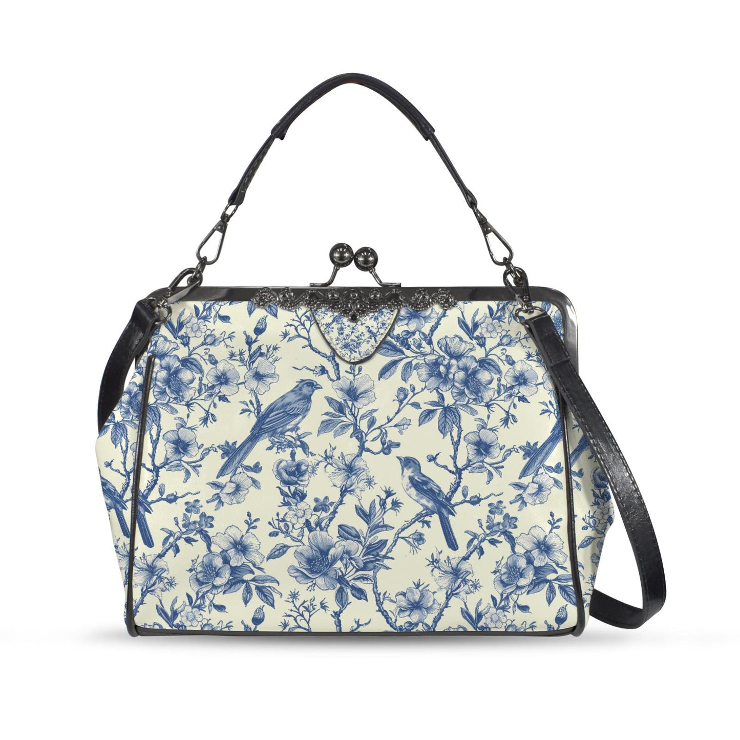 Toile de Jouy Vintage Kisslock Crossbody Bag – Victorian Handbag with Adjustable Strap