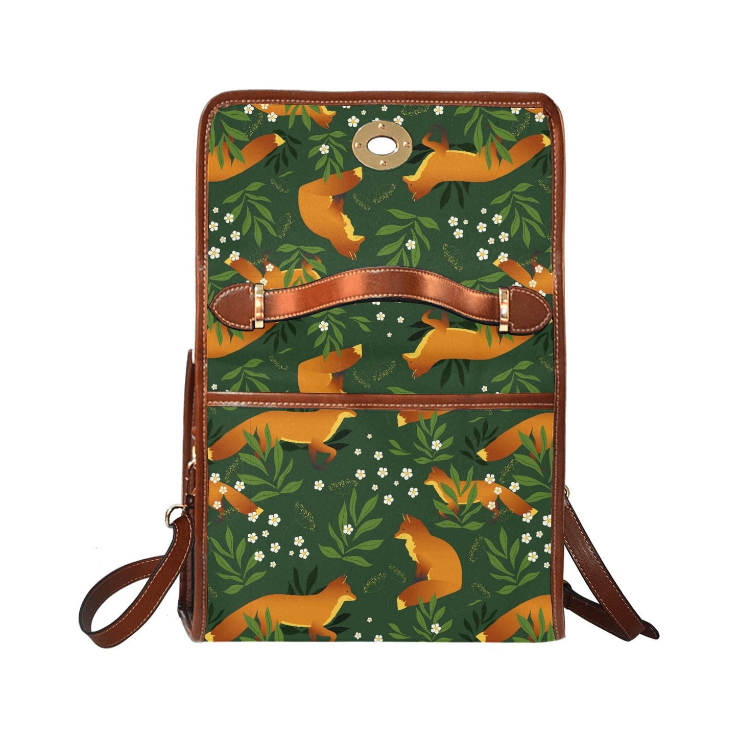 Retro Fox Forest Canvas Crossbody Bag – Green Orange Vintage Style Handbag
