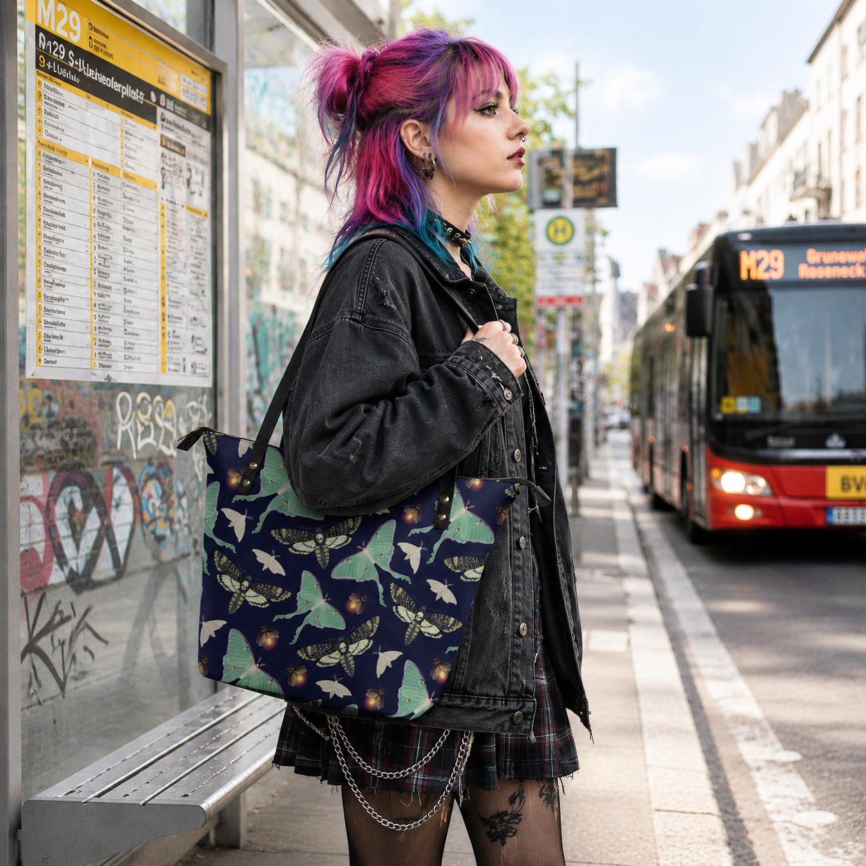 Dark Academia Moths Roomy Tote Bag - Black Green Large Shoulder Handbag Shopper