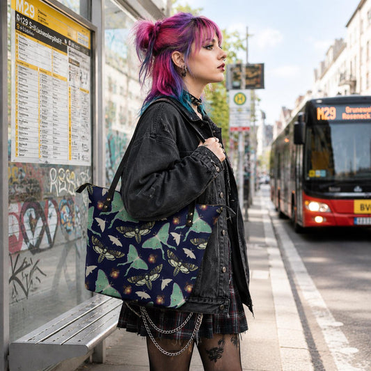 Dark Academia Moths Roomy Tote Bag - Black Green Large Shoulder Handbag Shopper